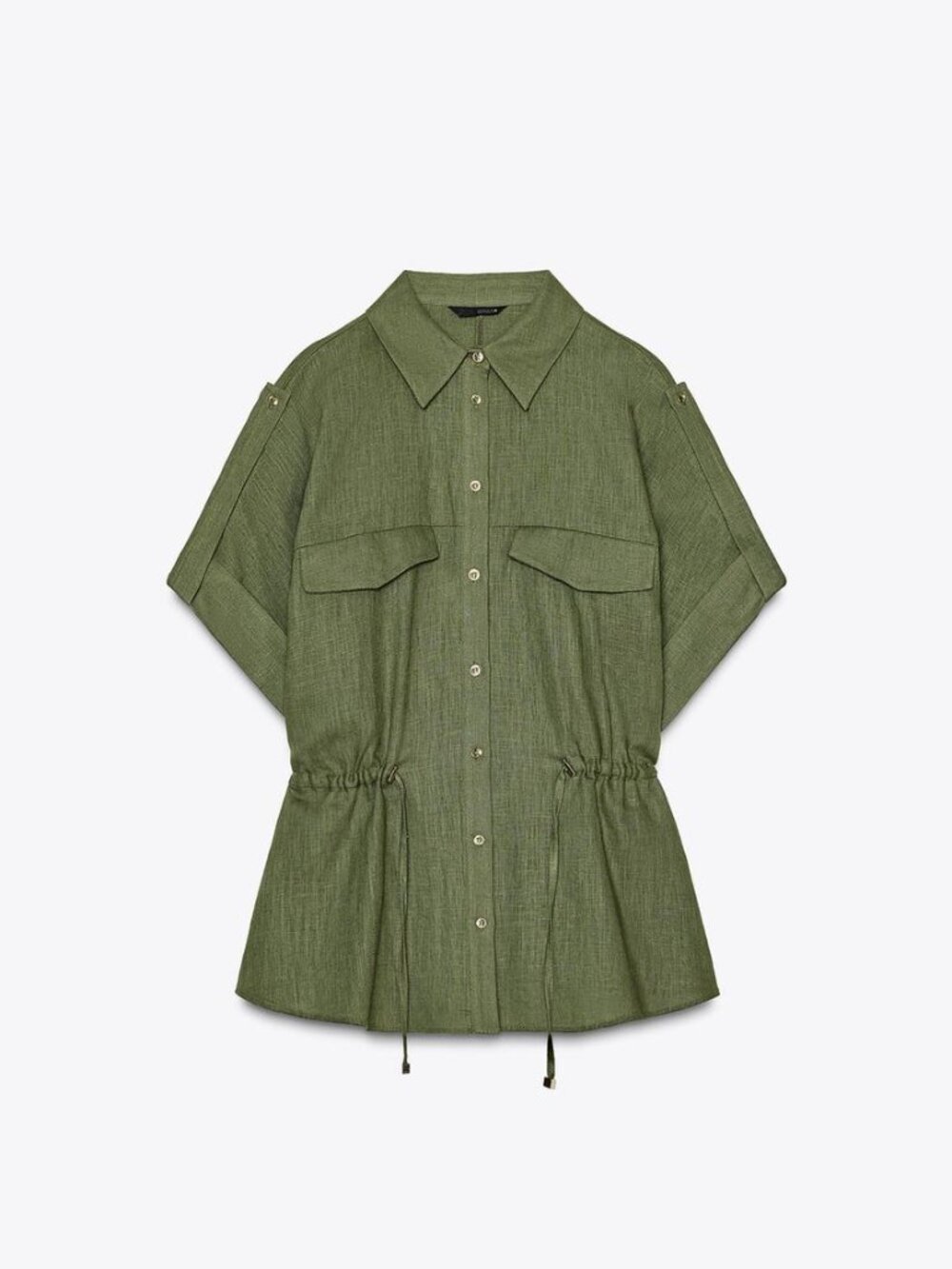 Linen Safari Shirt ZARA NWT Khaki M Button Front Utility Short Sleeve Drawstring